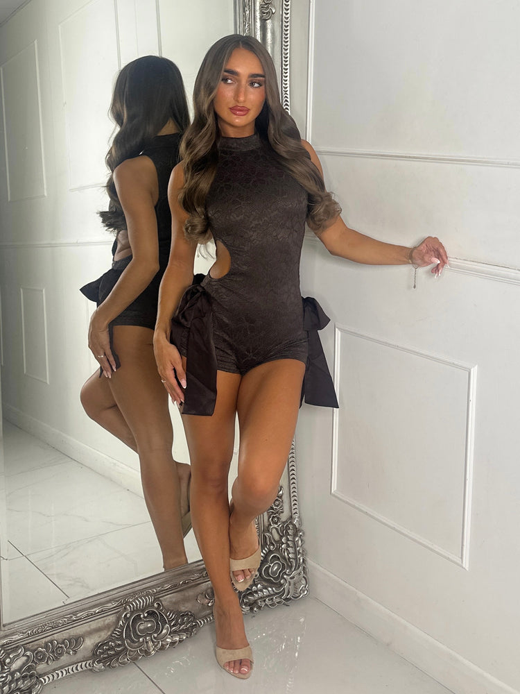 Lace Bow Side Cut Out Detail Playsuit - Chocolate Brown