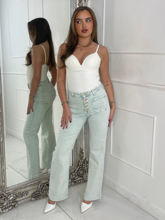 High Waist Pocket Front Jewelled Button Acid Wash Jeans - Mint