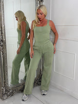 Ribbed Vest Top & Straight Leg Joggers Set - Sage Green