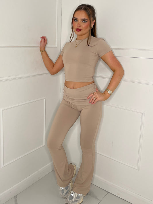 Short Sleeve Round Neck Top & Flares Co-Ord Second Skin - Mocha