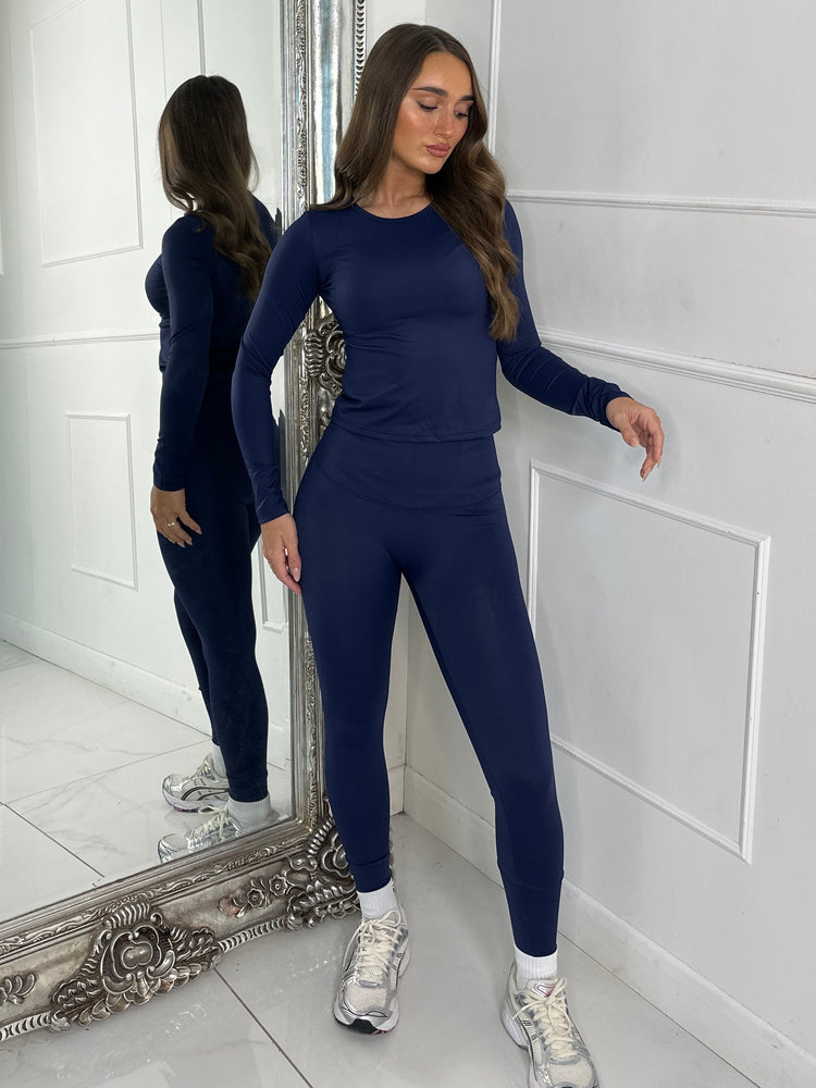 Long Sleeve Gym Top & Sculpt Leggings Set - Navy