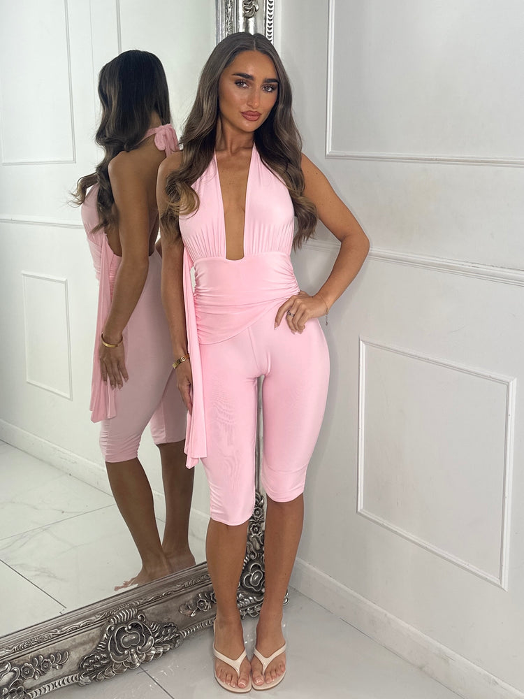 Backless Halter Neck Capri Jumpsuit-Pink
