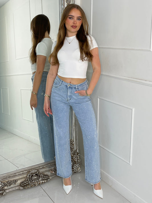 Criss Cross Diamante Denim Jeans - Light Wash
