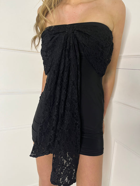 Lace Bow Bandeau Dress - All Black