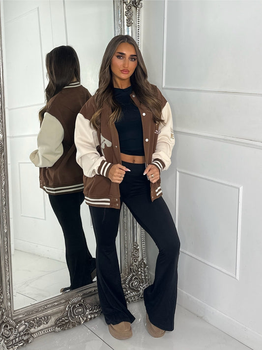 Embroidered Teddy Detail Varsity Jacket - Brown/Cream