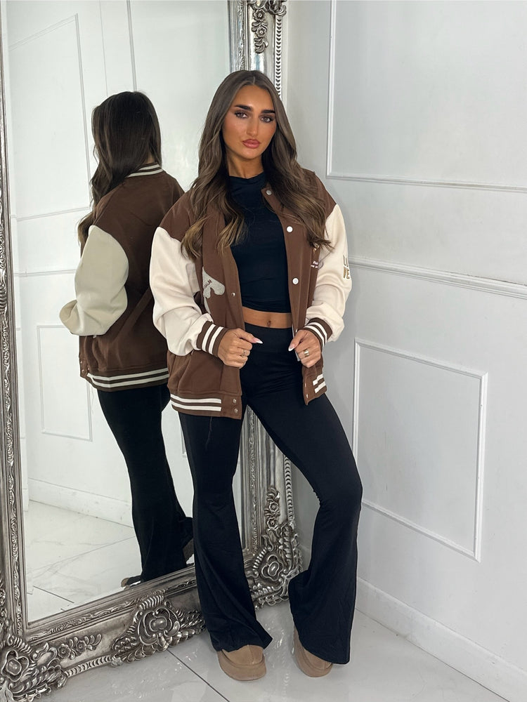 Embroidered Teddy Detail Varsity Jacket - Brown/Cream