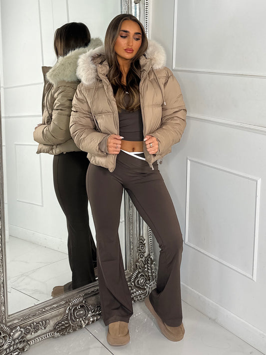 Cropped Faux Fur Trim Padded Jacket - Taupe/Cream