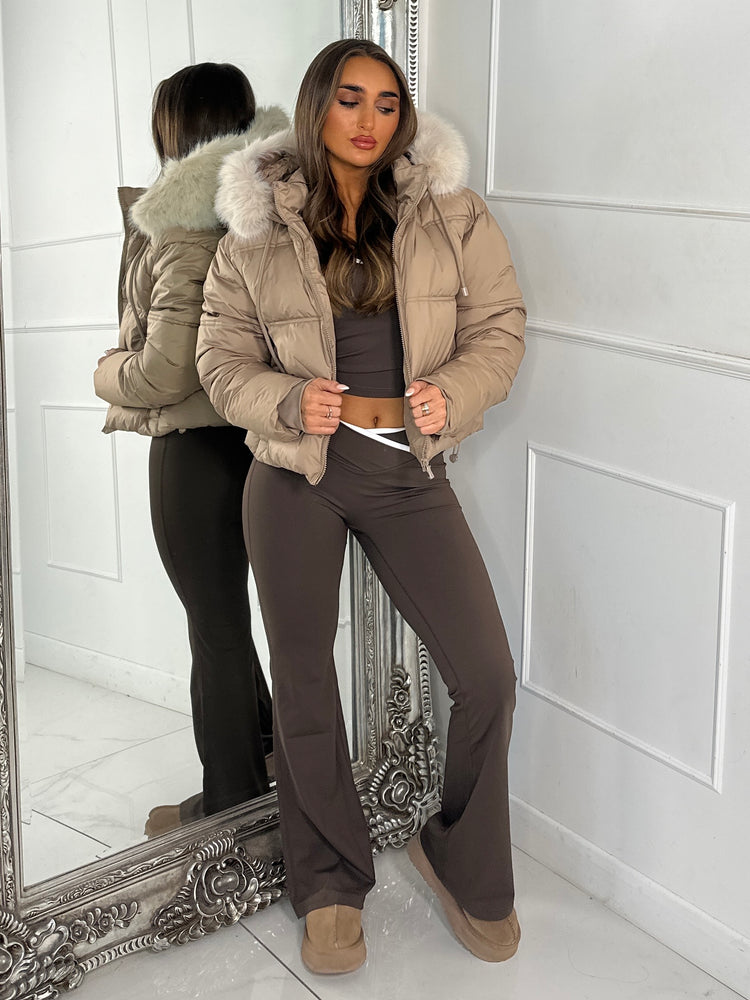 Cropped Faux Fur Trim Padded Jacket - Taupe/Cream