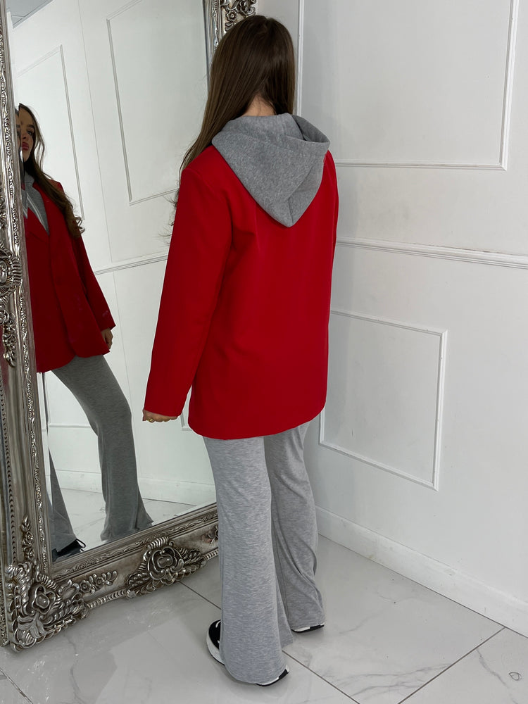 Oversized Blazer With Grey Attached Hood - Red