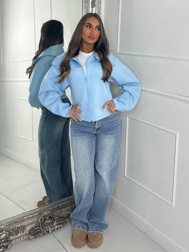 Zip Up Oversized Collar Jacket - Baby Blue