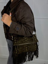 Suede Gold Detail Tassle Chain Bag - Khaki