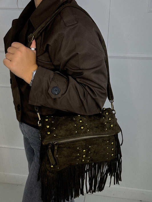 Suede Gold Detail Tassle Chain Bag - Khaki