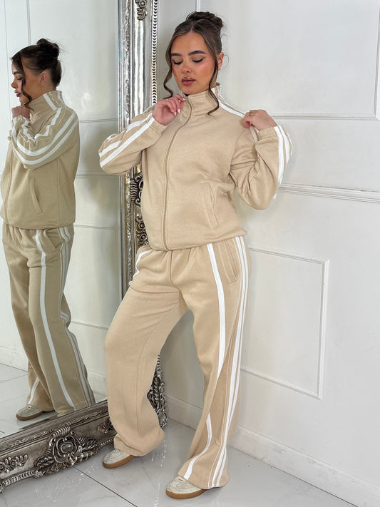 Side Stripe Collared Zip Up Jacket & Joggers Tracksuit - Beige