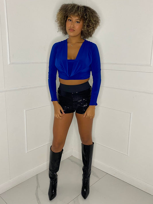 Cowl Neck Long Sleeve Top - Royal Blue