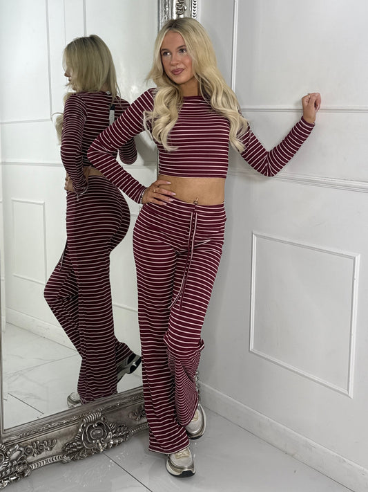 Striped Long Sleeve Top & Wide Leg Pants Co-Ord - Wine/White
