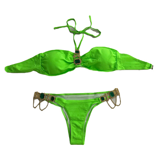 Green Jewell Detail Bikini -Neon Green