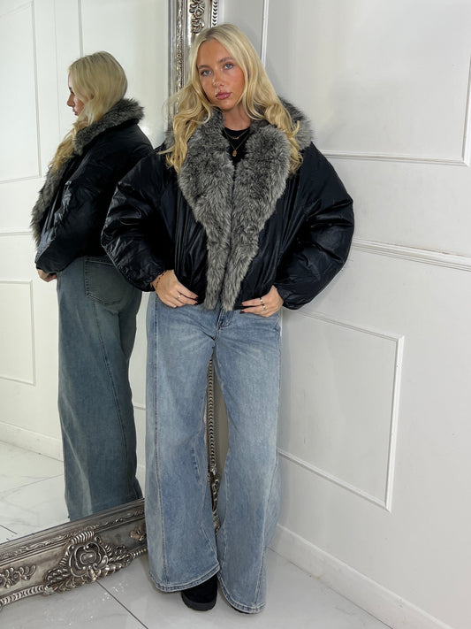 PU Faux Fur Collared Bomber Jacket - Black