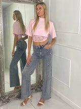 Padded Shoulder Cropped Tee With Lace Bra Underlayer - Baby Pink