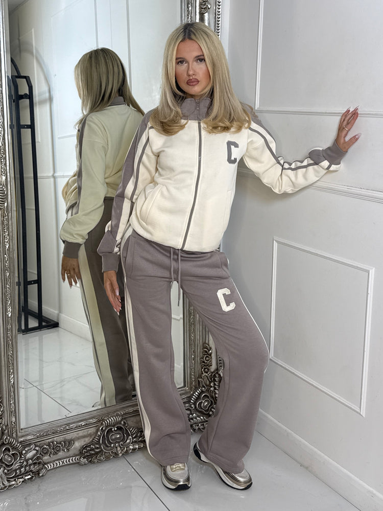 Colour Block Contrast “C” Embroidery Tracksuit - Dove Grey/Cream