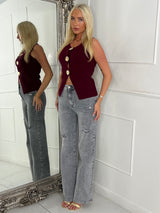 V Neck Sea Shell Detail Sleeveless Jumper - Wine