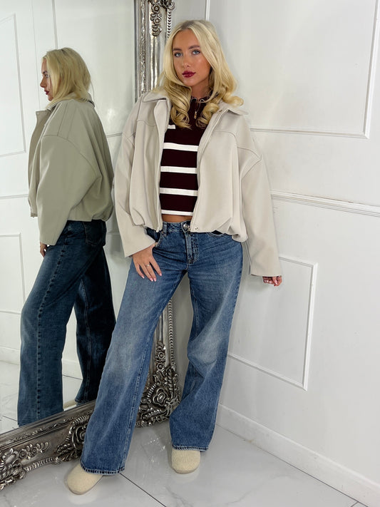 Collared Oversized Bomber Jacket - Cream