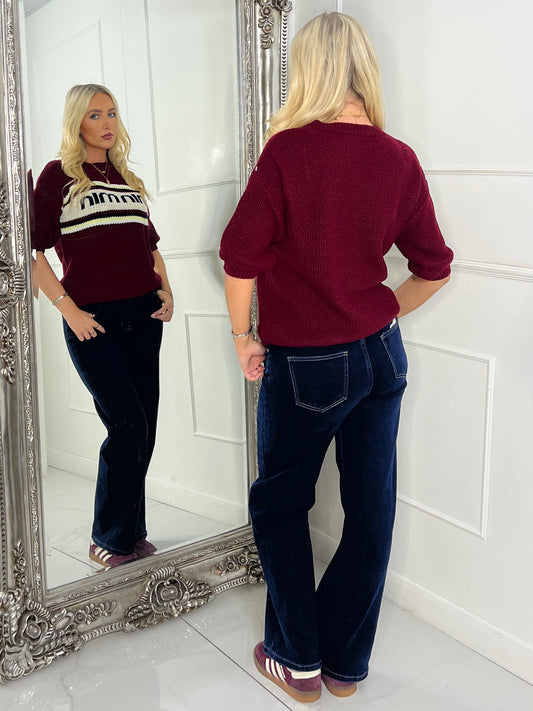 Knitted Min Slogan Jumper - Wine