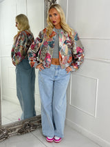 3D Floral Parrot Print Bomber Jacket - Multicoloured