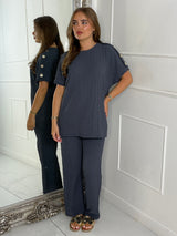 Gold Button Detail Oversized Top & Wide Leg Pants Co-Ord - Charcoal Grey