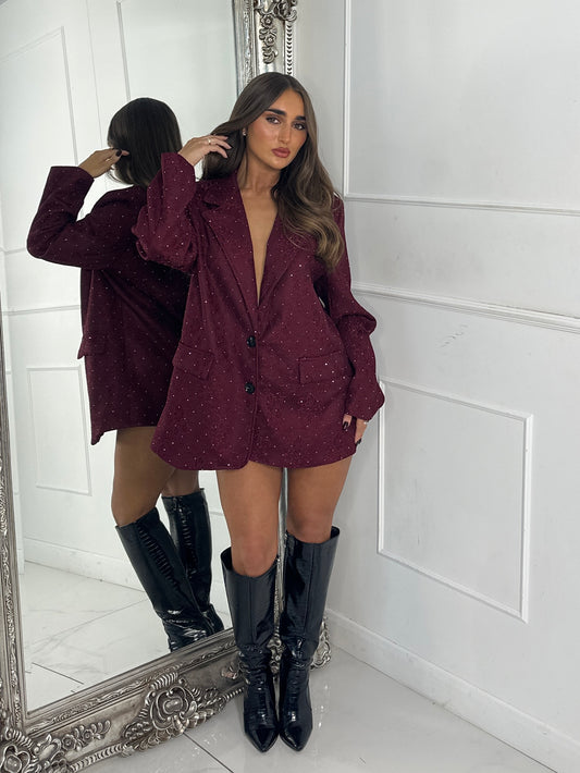 Lace Diamante Detail Oversized Blazer Dress - Wine