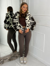 Smudge Print Zip Up Fleece Teddy Jacket - Brown/White