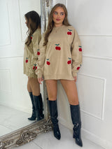 Embroidered Cherry Sweatshirt - Beige