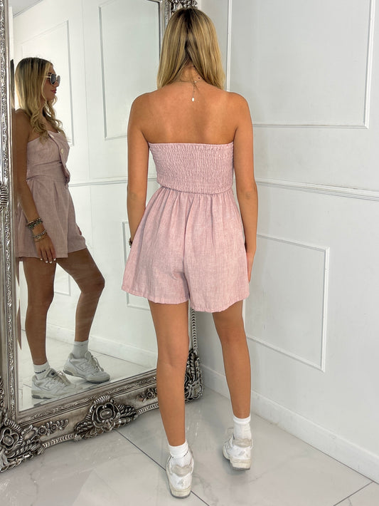 Fold Over Gold Button Playsuit - Baby Pink