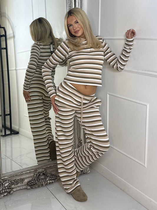 Collar Detail Striped Long Sleeve Top & Wide Leg Pants Co-Ord - Beige Multi