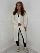 Balloon Sleeve Long Knitted Cardigan - White