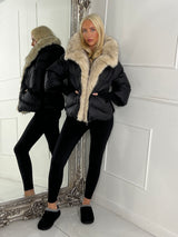 Hooded Puffer Coat With Faux Fur Trim - Black/Apricot Fur