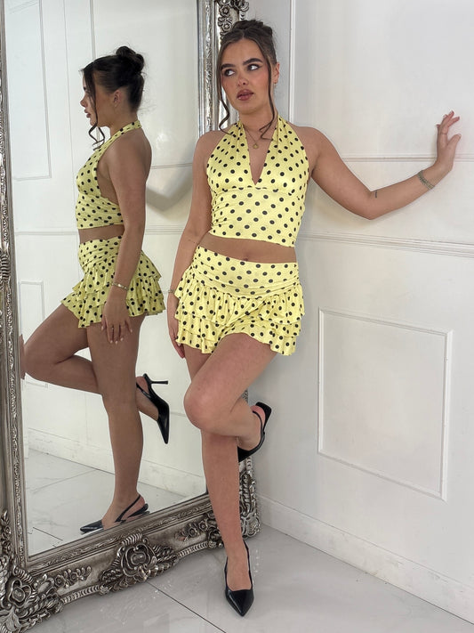 Polka Dot Halter Neck Top & Double Frill Skirt - Yellow