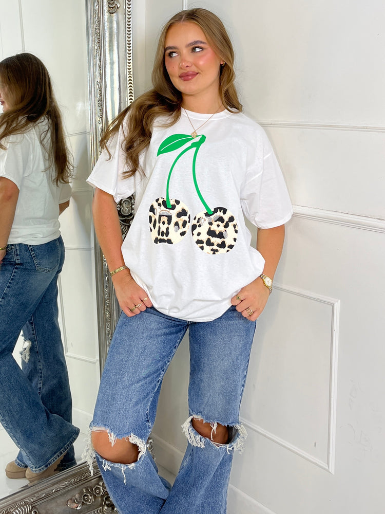 Green Cherry Oversized T-Shirt - White