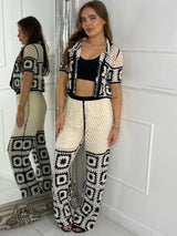 Patterned Crochet Skirt & Flared Pants Co ord - Beige / Black