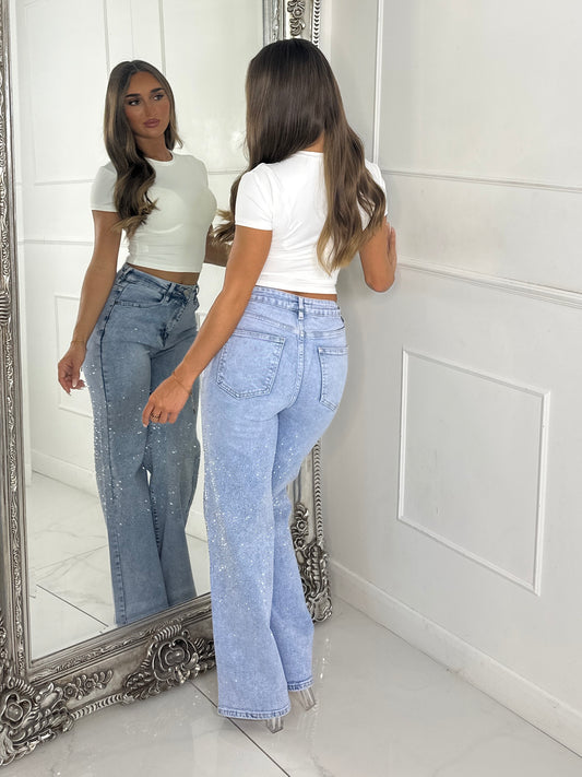 Ombre Diamante Wide Leg Jeans - Blue Denim