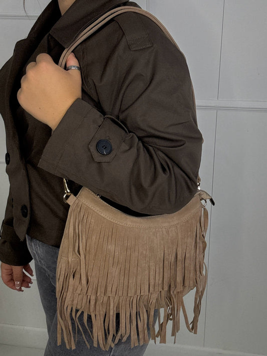 Suede Tassle Shoulder Bag - Beige