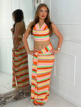 Cowl Neck Knitted Crochet Top & Tie Midi Skirt - Orange Multi