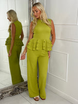 Cheesecloth High Neck Ruffle Bottom Top & Matching Flares Co-ord - Lime Green