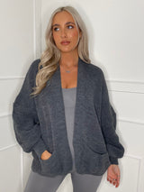 Balloon Sleeve Knitted Cardigan - Dark Grey