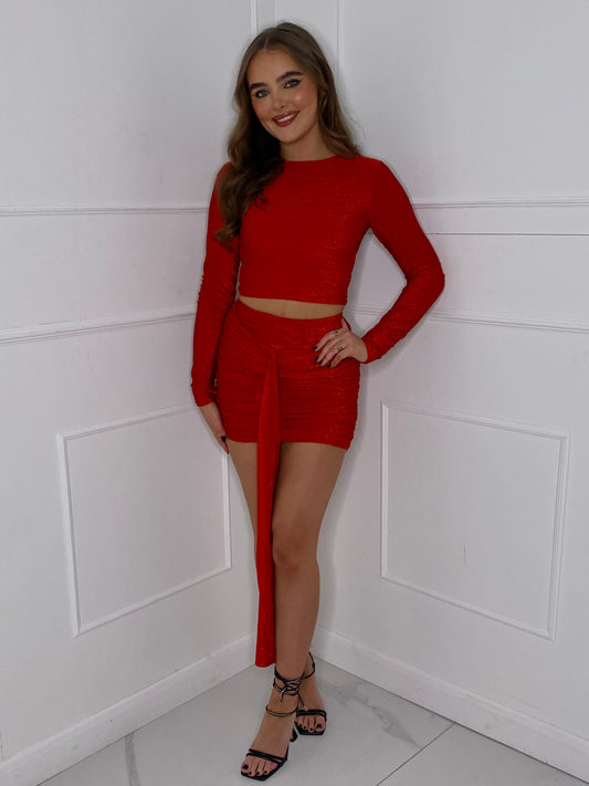 Glitter Drape Skirt Co-Ord - Red