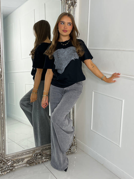 Grey Denim Print Oversized T-shirt - Black