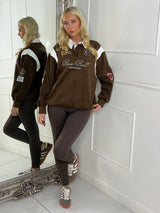 Varsity Slogan Detail Rugby Style Top - Brown/Multi