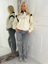 Varsity Slogan Detail Rugby Style Top - Cream/Multi