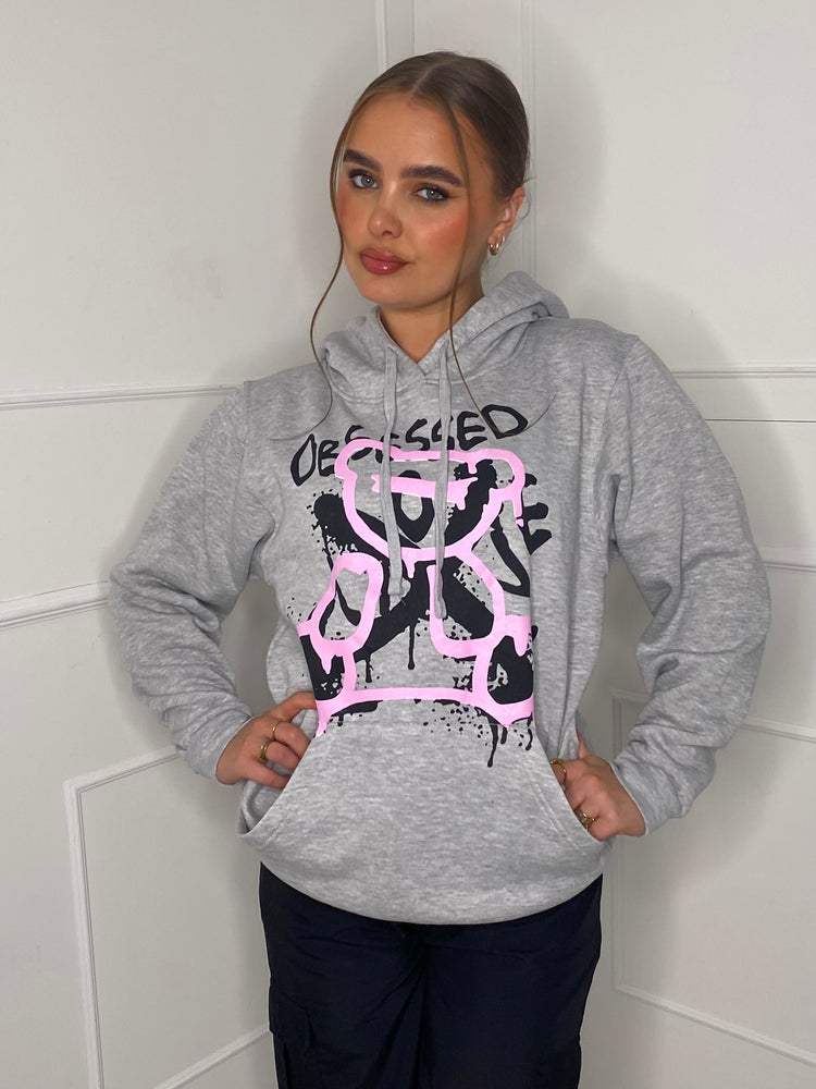 Obsessed Teddy Print Hoodie - Grey