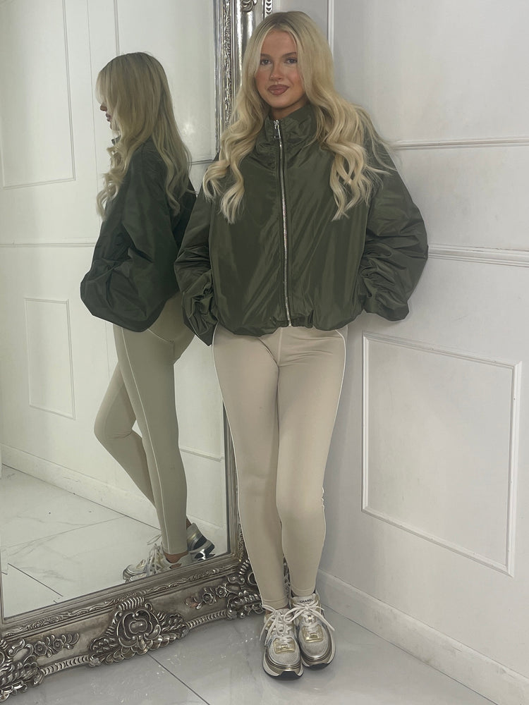 Zip up Puff sleeve oversized windbreaker - Khaki Green