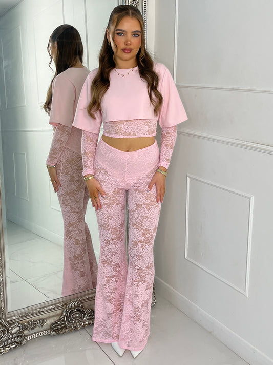 Round neck Lace Sleeves Crop Tee & Built In Baby Pink Knicker Underlayer Lace Flares Co-Ord - Baby Pink